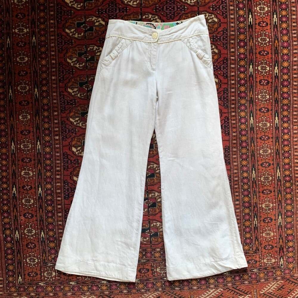 ANTHROPOLOGIE Mermaid 100% Linen Pants Silk Trim Size 4 Wide Leg
